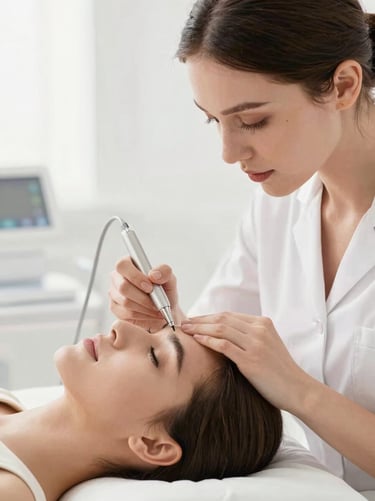 Bright commercial photography, close-up of a professional aesthetic treatment being applied to a patient, clean natural light, crisp neutral tones, 50mm, portrait orientation