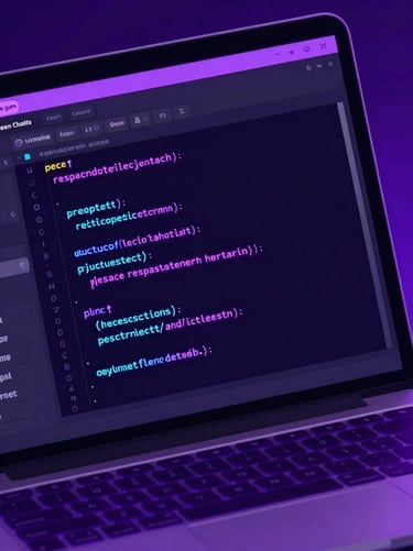 Close-up of sleek laptop displaying code editor with neon violet glowing lines, dynamic angle, dark background