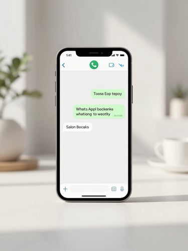 A clean minimalist mobile phone mockup showing a realistic WhatsApp chat screen with a salon booking confirmation message under soft natural daylight