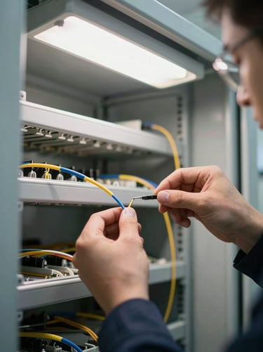 Close-up of a technician's hands splicing fiber optic cables inside an OSP telecom enclosure, bright overhead technical lighting, clean workspace.