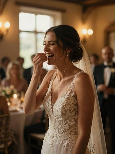 Candid wedding moment, bride laughing mid-breath, warm reception lights, cinematic.