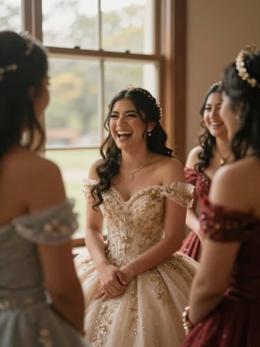 Quinceañera laughing with friends, natural afternoon light, rich organic tones.