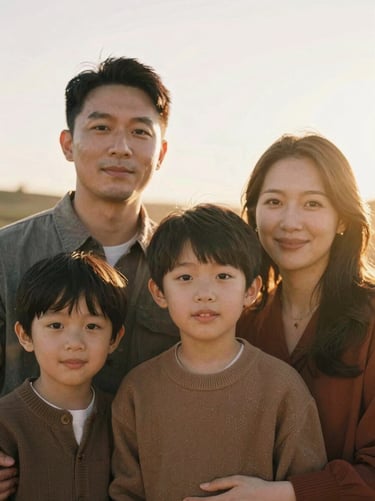 Warm outdoor portrait of a family, soft golden hour backlighting, genuine expressions.