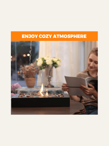 picture of a table top firepit with flames and woman reading a book