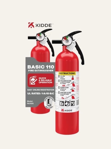 Kidde Basic 110 red fire extinguisher with pressure gauge and mounting strap bracket for home safety.