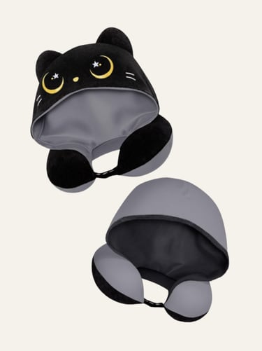 Black cat hooded travel neck pillow with moon and star embroidery for comfortable airplane sleep.