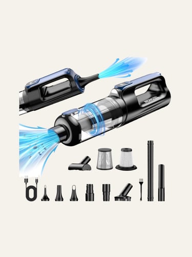 Portable cordless handheld vacuum cleaner with compressed air duster function and multiple nozzle attachments.
