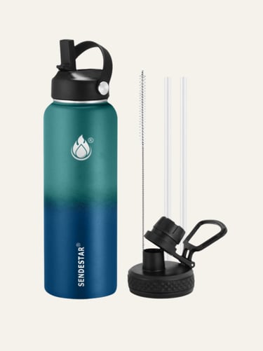 Sendestar vacuum insulated water bottle in teal and blue gradient with straw lid and cleaning brush.