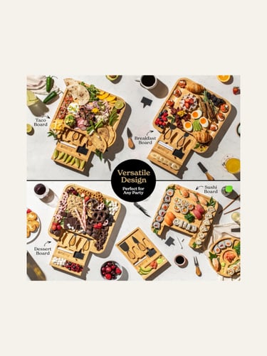 SMIRLY Charcuterie Boards Set with one drawer showing four types of spreads