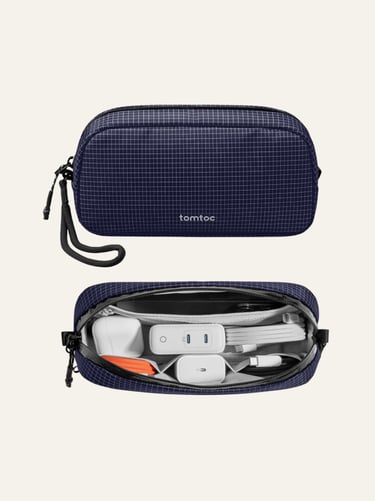 tomtoc Electronics Organizer Travel Case Small Navy Blue Plaid 