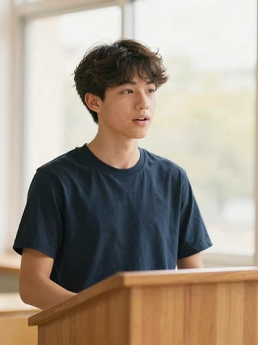A teenage student speaking confidently from a wooden podium, warm natural window light, soft gold and navy tones, shallow depth of field