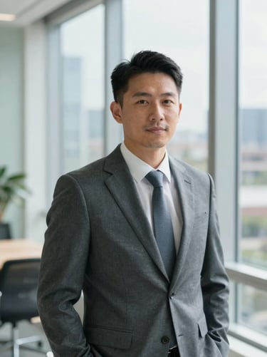 Professional portrait of a male tech attorney in a modern slate gray suit, bright natural window light, Austin office background, 35mm