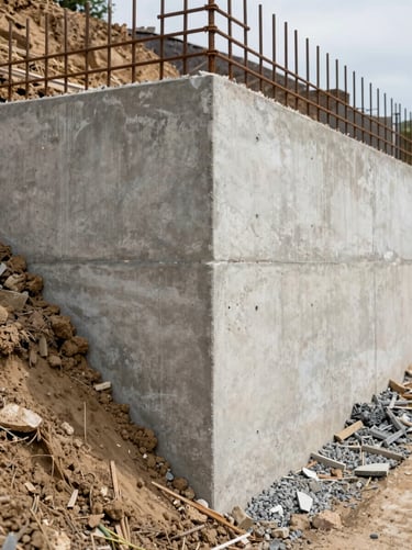 Ground-level documentary frame of a reinforced concrete retaining wall on a sloped site, formwork partially removed revealing finished surface, site soil and aggregate material visible at base, natural daylight, no posed subjects