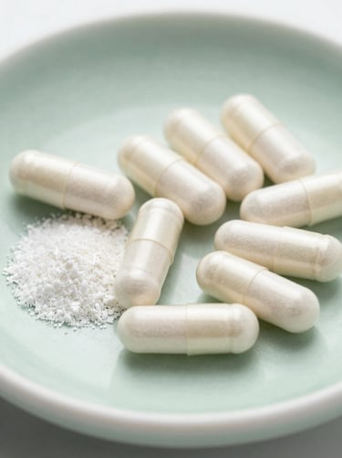 Raw botanical minerals and clean white capsules on a ceramic plate, bright natural daylight, macro focus