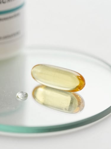 Pure golden fish oil capsule resting on a clean glass surface, water droplet, bright clinical lighting