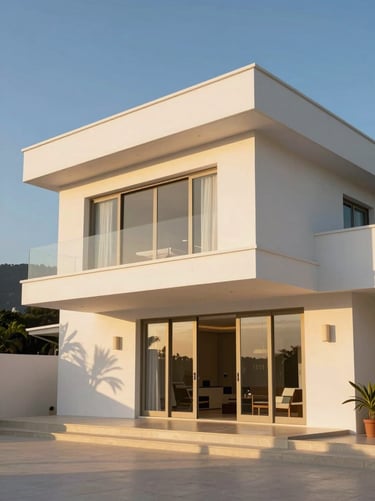 A high-end coastal villa exterior in Bertioga, painted in pristine white and soft beige, glowing under the warm golden hour sun, showing flawless architectural edges.