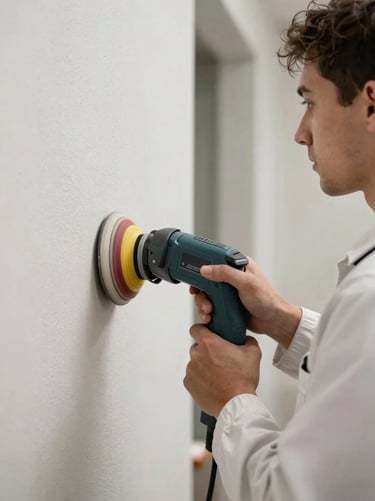 Close-up of a professional painter in a clean uniform using a modern sanding machine on an exterior wall, dust extraction system attached, sharp focus on surface texture.