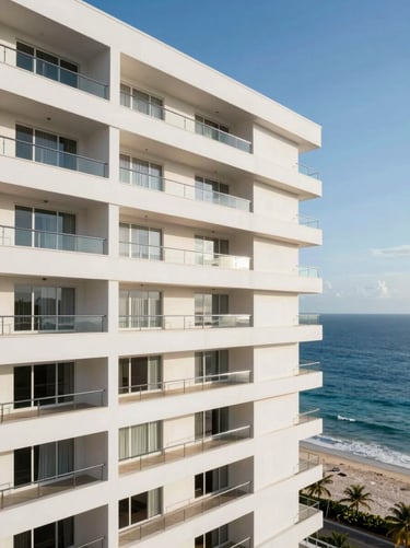 Wide panoramic shot of a luxury beachfront condominium in Bertioga, pristine white exterior walls reflecting bright morning sunlight, deep blue ocean in the background, clean architectural lines.