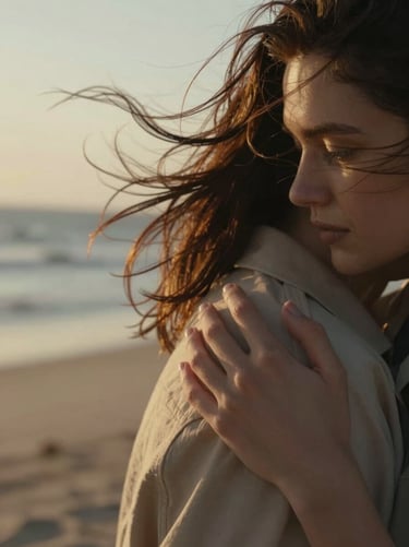 A couple embracing on a windy beach at golden hour, hair blowing, extreme close-up on intertwined fingers, warm cinematic tones.