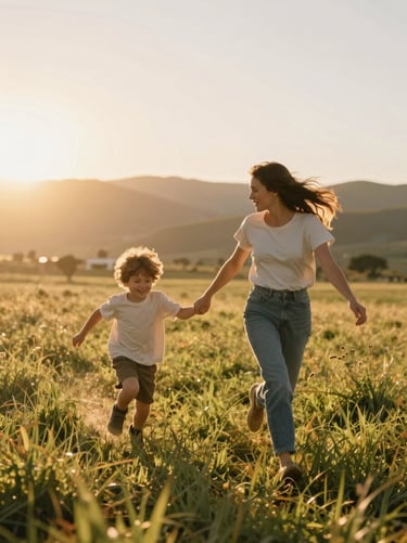 A mother and child running through a sun-drenched California meadow, golden hour backlighting, motion blur, warm flares.