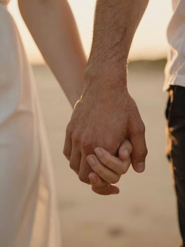 Close-up cinematic shot of intertwined fingers of a couple walking, warm golden backlight, soft focus, highlighting tactile details.