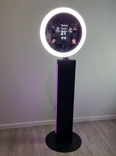 Digital photo booth with ring light and touch screen interface used for events across the Redlands and Brisbane.