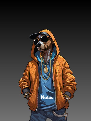 Rap dog orange jacket black background