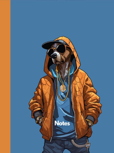 Rap dog orange jacket blue background
