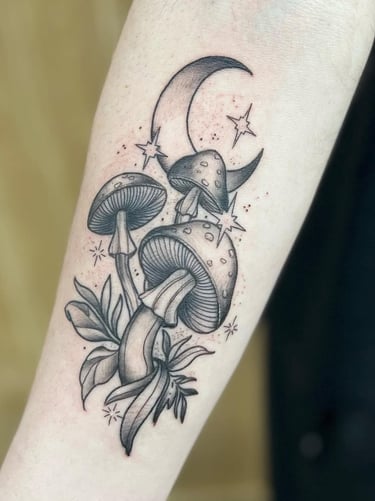 Mushrooms neo traditional black and grey custom tattoo