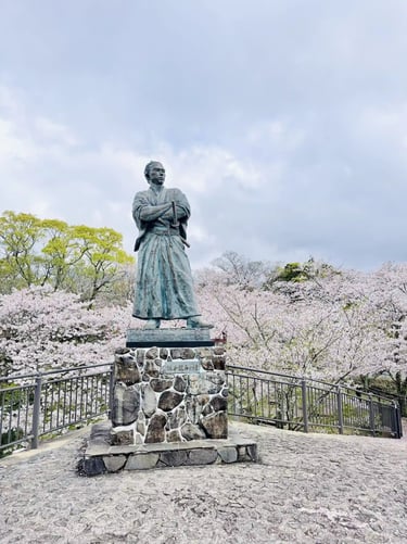 Sakamoto Ryoma statue with cherry blossoms in Nagasaki