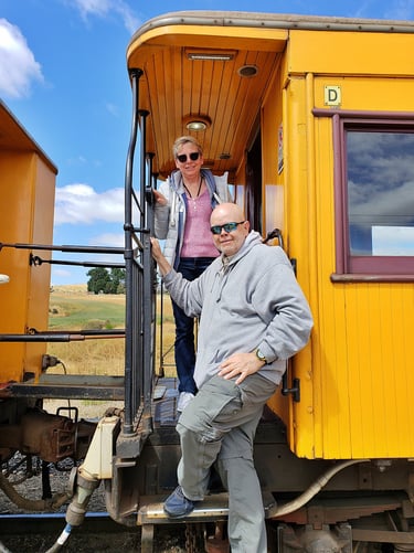 Lady and The Pirate board the Taieri Gorge Scenic train in New Zealand