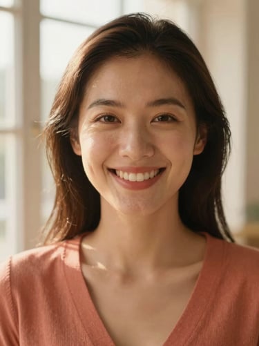 Close-up portrait of a smiling woman in her late 20s, soft natural window light, professional and warm demeanor.