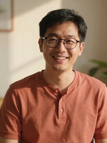 Candid portrait of a friendly man in his 30s with glasses, warm indoor lighting, smiling genuinely as he speaks.