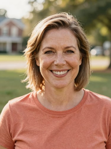 Close-up portrait of a warm, smiling woman in her 40s, natural outdoor daylight, soft background of an Ohio community park.
