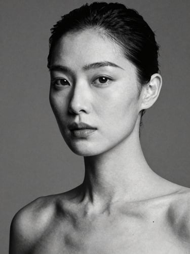 Stark studio headshot of an elegant female model, high contrast, black and white, minimalist background