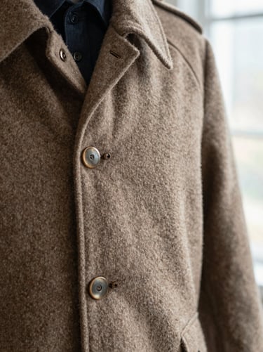 Extreme close-up of a heavy-gauge wool ranch coat with bronze-ware detailing, soft natural window light, highlighting texture
