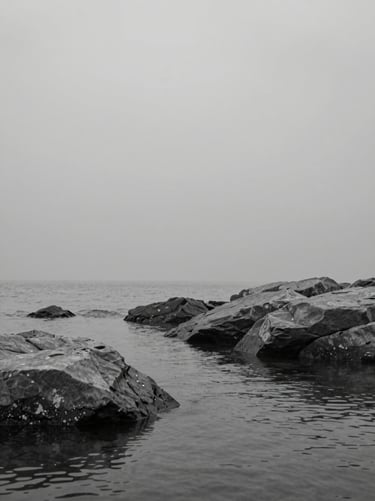 An atmospheric landscape detail focusing on textures of stone and water. Minimalist composition in #AEAEA7 and #6B625E, suggesting a sense of calm and timeless elegance through high-quality visual storytelling.