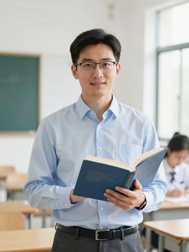 Professional portrait of a male biology educator holding a medical textbook, bright editorial photography, soft natural classroom lighting.