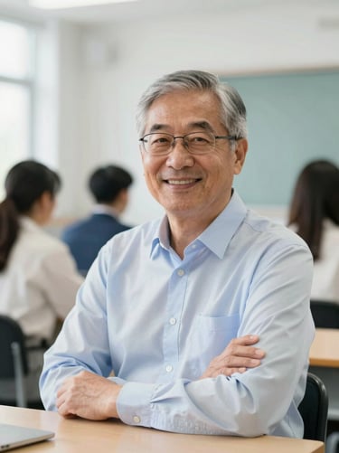 Professional portrait of a senior physics instructor in a bright, modern classroom, smiling confidently, clean academic setting, shallow depth of field.