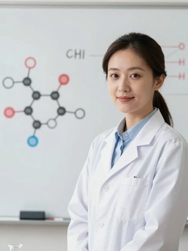 Professional portrait of a female chemistry professor standing next to a clean whiteboard with molecular structures, warm daylight, crisp details.