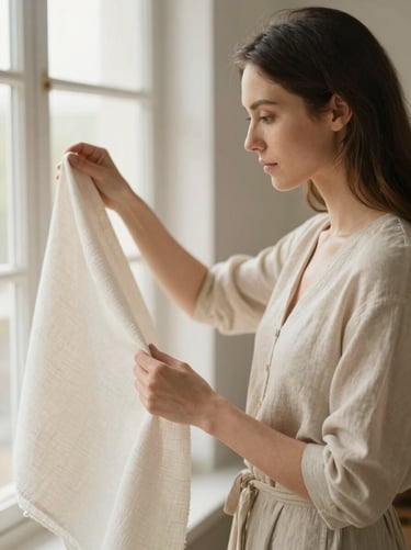 A warm-toned portrait of a female textile designer holding brushed cotton fabric, soft morning window light, shallow depth of field.