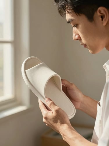 A close-up portrait of a male product engineer inspecting the flexible sole of a slipper, warm indoor shadows.