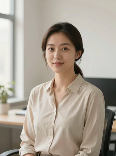 A warm editorial portrait of a female operations lead in a bright, minimalist office space, soft diffused lighting.
