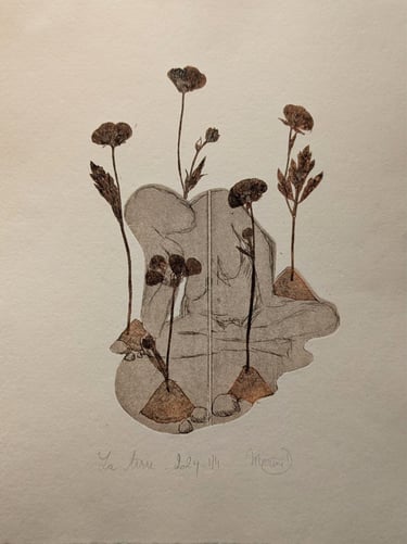 Terre quatre éléments nue gravure Tetrapak monotype