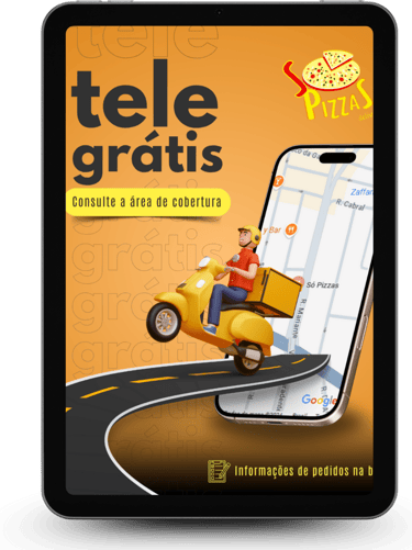 tablet com a imagem de uma arte de tele entrega de pizzaria