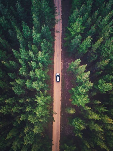 A car driving down a long road