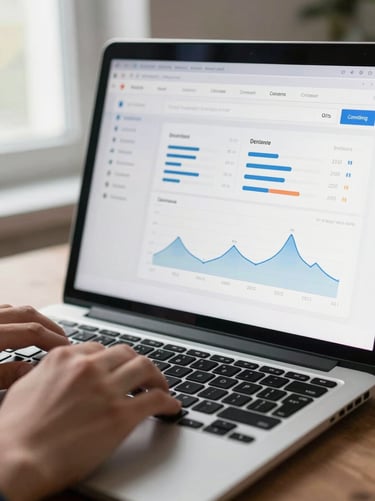 Close-up of a laptop screen showing a clean e-commerce dashboard with conversion metrics, natural window light from the left, hands resting on keyboard, shallow depth of field