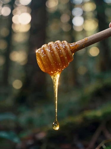Close-up of premium organic honey dripping from a wooden comb, pristine New Zealand forest background, cinematic soft focus, rich warm tones.