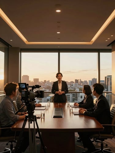 A professional executive interview setup in a modern high-rise boardroom in Sydney, high-end 4K video camera on a tripod, warm ambient lighting.