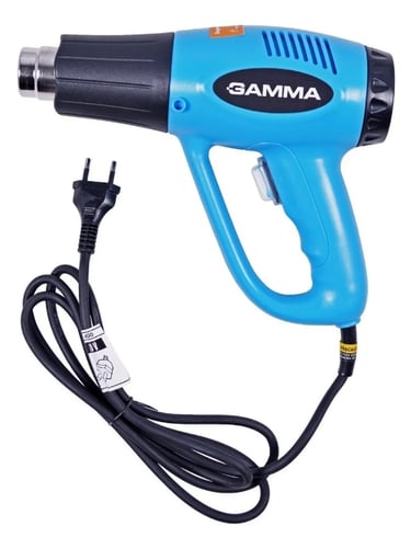 Blue Gamma electric heat gun with a black nozzle and power cord for DIY projects.